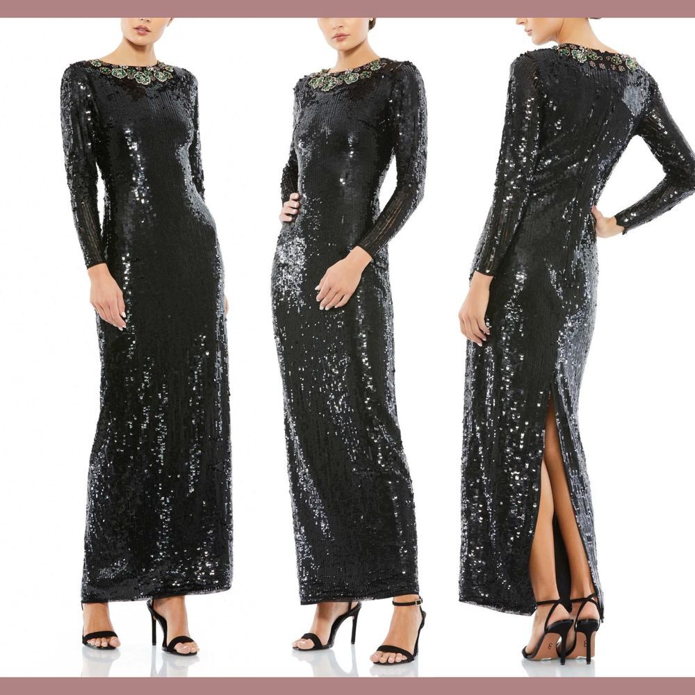 NWT $498 Mac Duggal [ 14 ] Sequined Embellished Collar Gown‎ in Black Green #J2